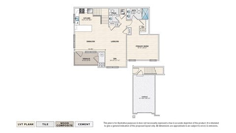 Floor plan for 1 bed, 1.5 baths, 1026 sqft